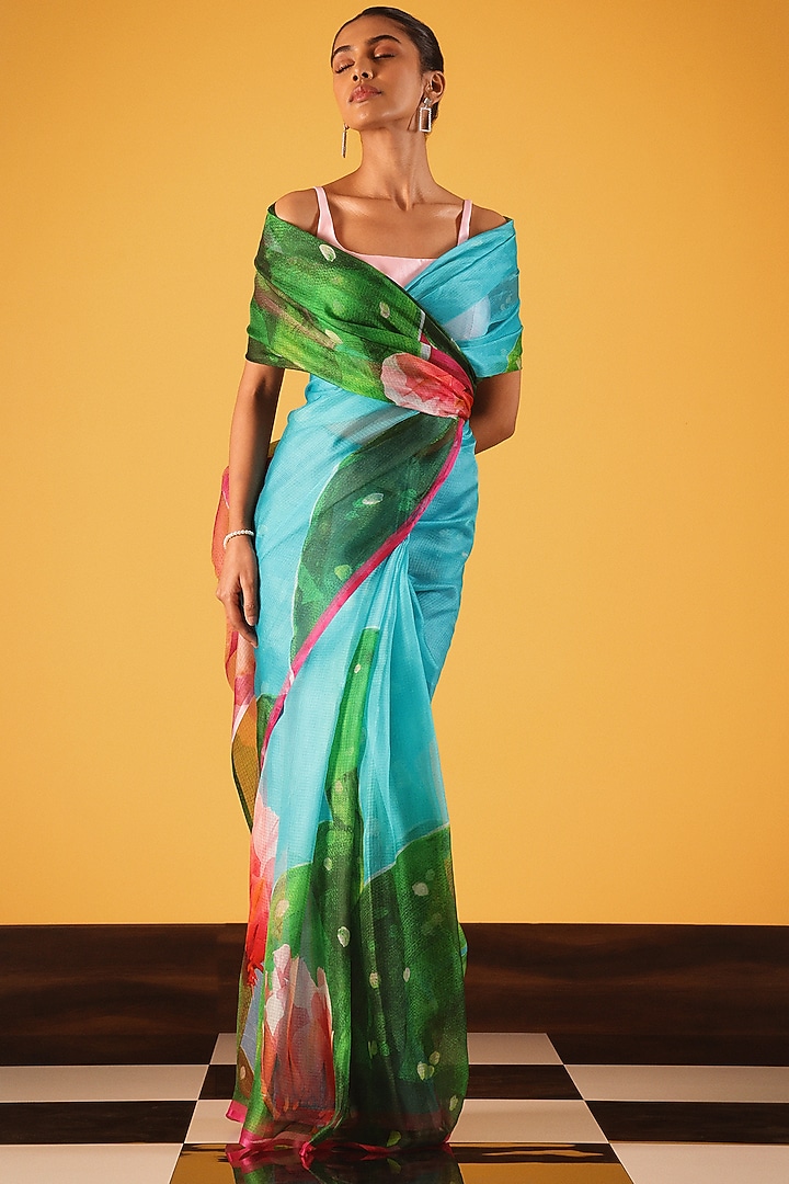 Powder Blue Kota Silk Printed Party Wear Saree by Satya Paul at Pernia's Pop Up Shop