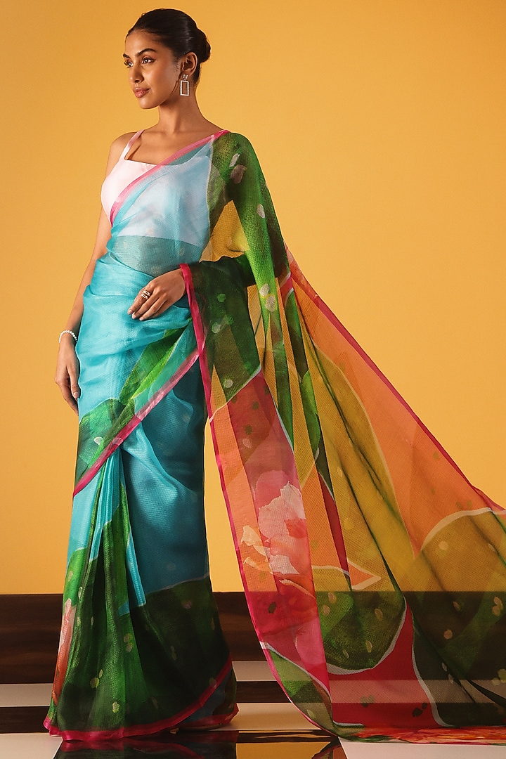 Powder Blue Kota Silk Printed Party Wear Saree by Satya Paul at Pernia's Pop Up Shop