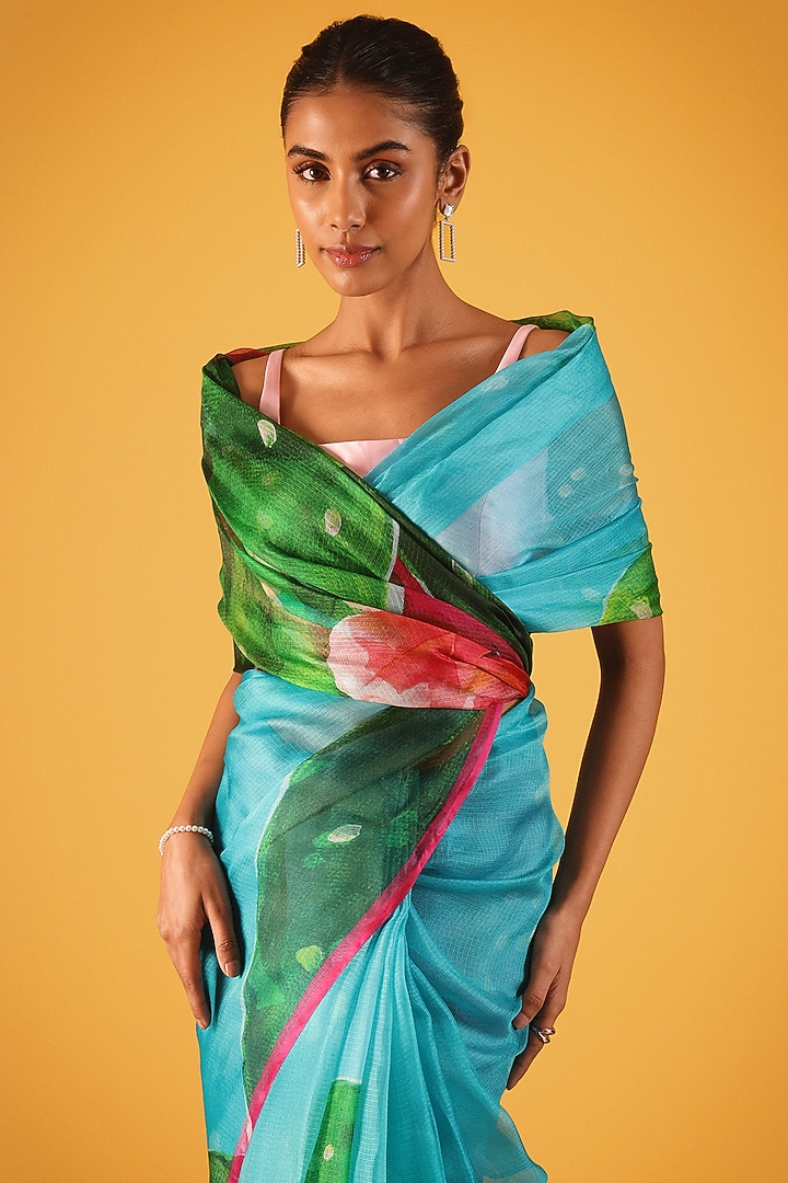 Powder Blue Kota Silk Printed Party Wear Saree by Satya Paul at Pernia's Pop Up Shop