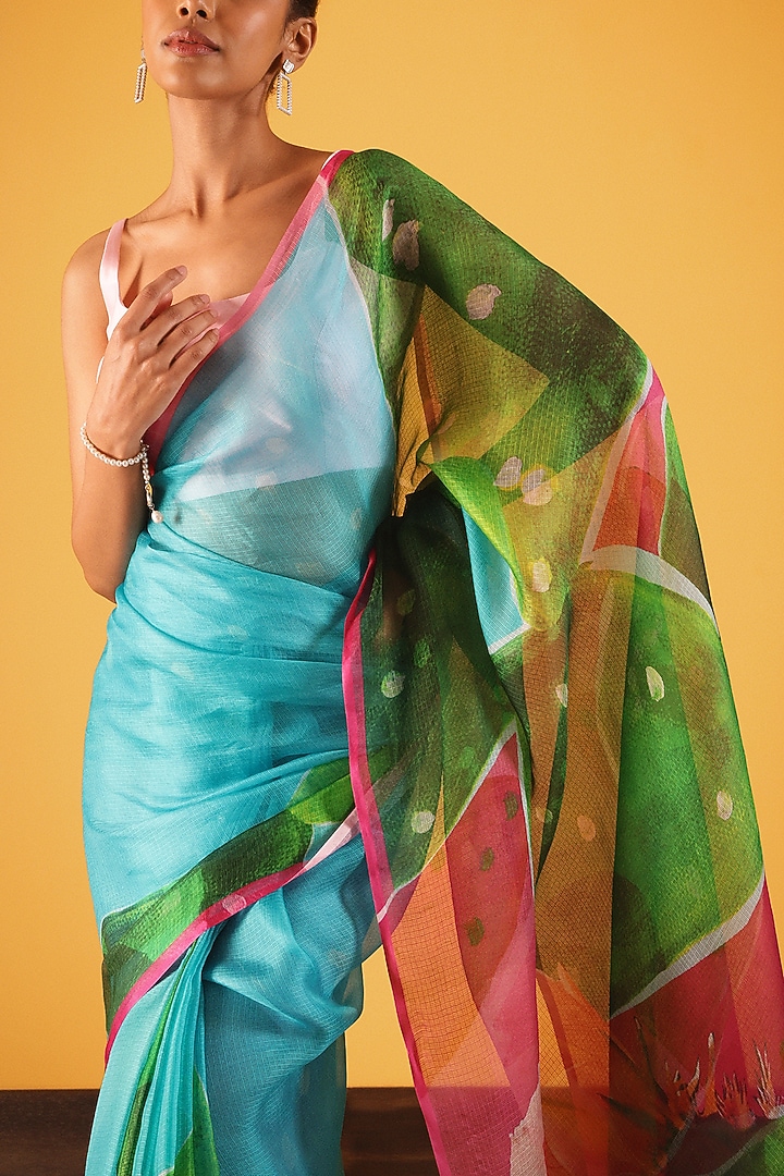 Powder Blue Kota Silk Printed Party Wear Saree by Satya Paul at Pernia's Pop Up Shop