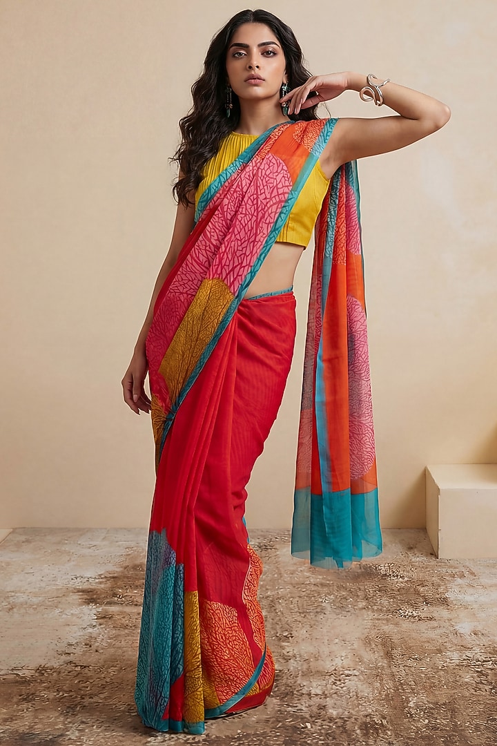 Red Silk Chiffon floral Party Wear Saree by Satya Paul at Pernia's Pop Up Shop