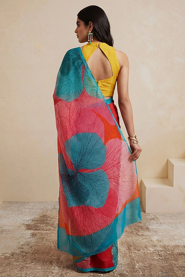 Red Silk Chiffon floral Party Wear Saree by Satya Paul at Pernia's Pop Up Shop