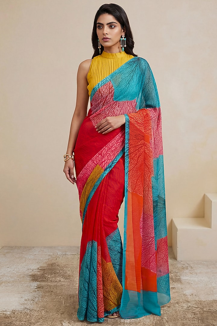 Red Silk Chiffon floral Party Wear Saree by Satya Paul at Pernia's Pop Up Shop