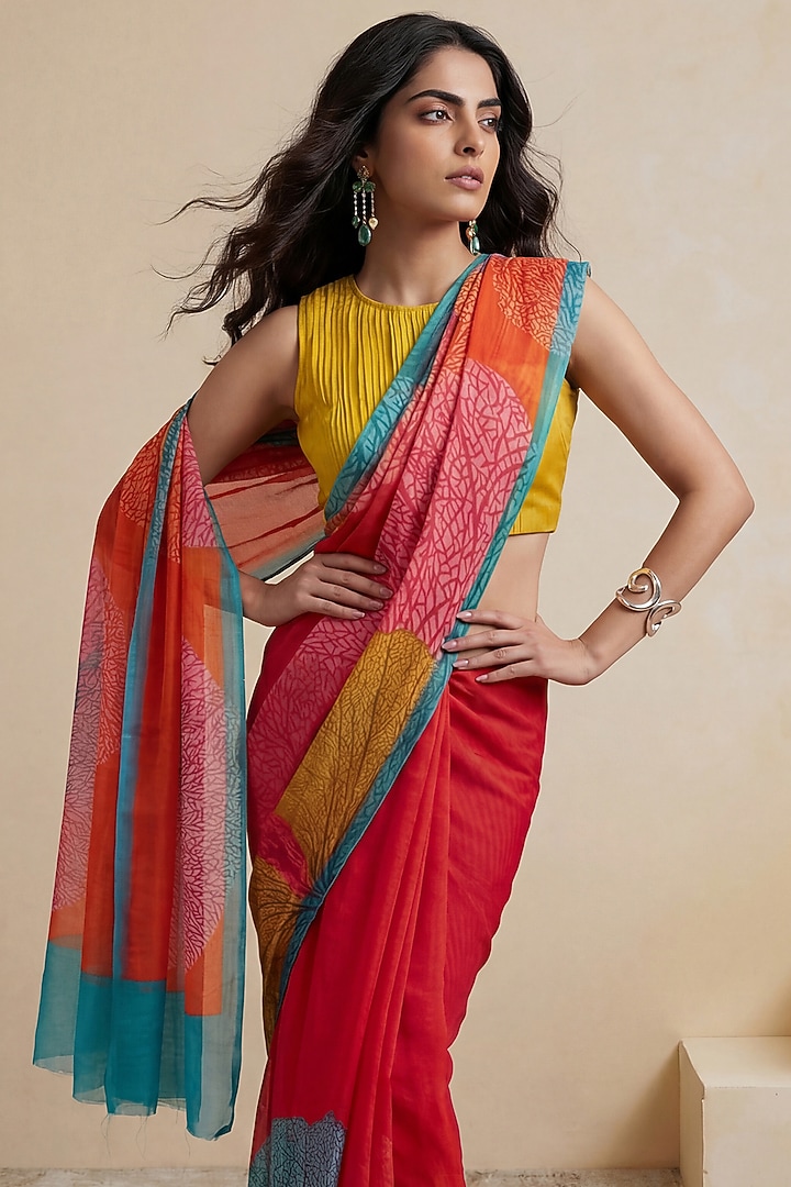 Red Silk Chiffon floral Party Wear Saree by Satya Paul at Pernia's Pop Up Shop