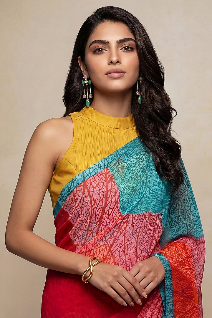 Red Silk Chiffon floral Party Wear Saree by Satya Paul at Pernia's Pop Up Shop