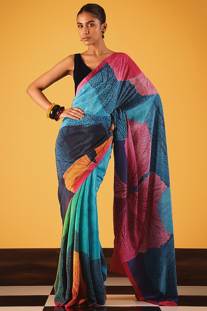 Light Blue Silk Crepe Floral Party Wear Saree  by Satya Paul at Pernia's Pop Up Shop