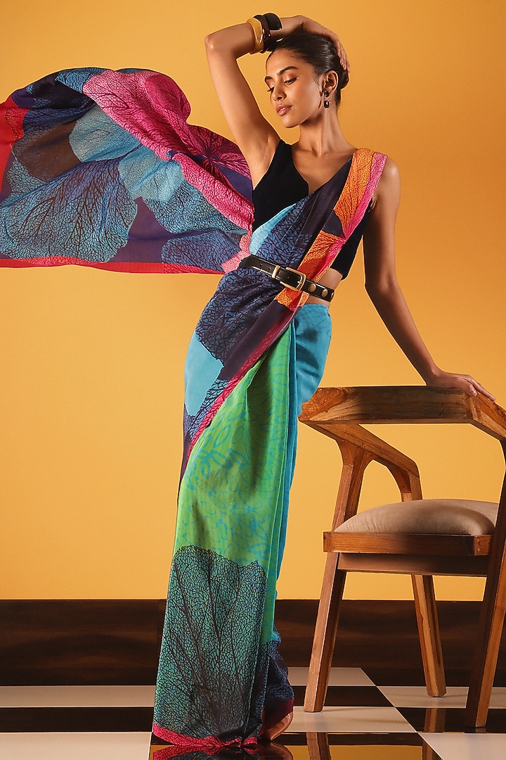 Light Blue Silk Crepe Floral Party Wear Saree by Satya Paul at Pernia's Pop Up Shop