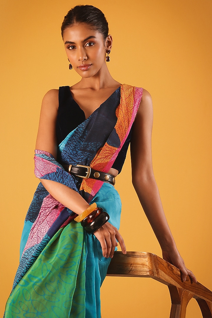 Light Blue Silk Crepe Floral Party Wear Saree by Satya Paul at Pernia's Pop Up Shop