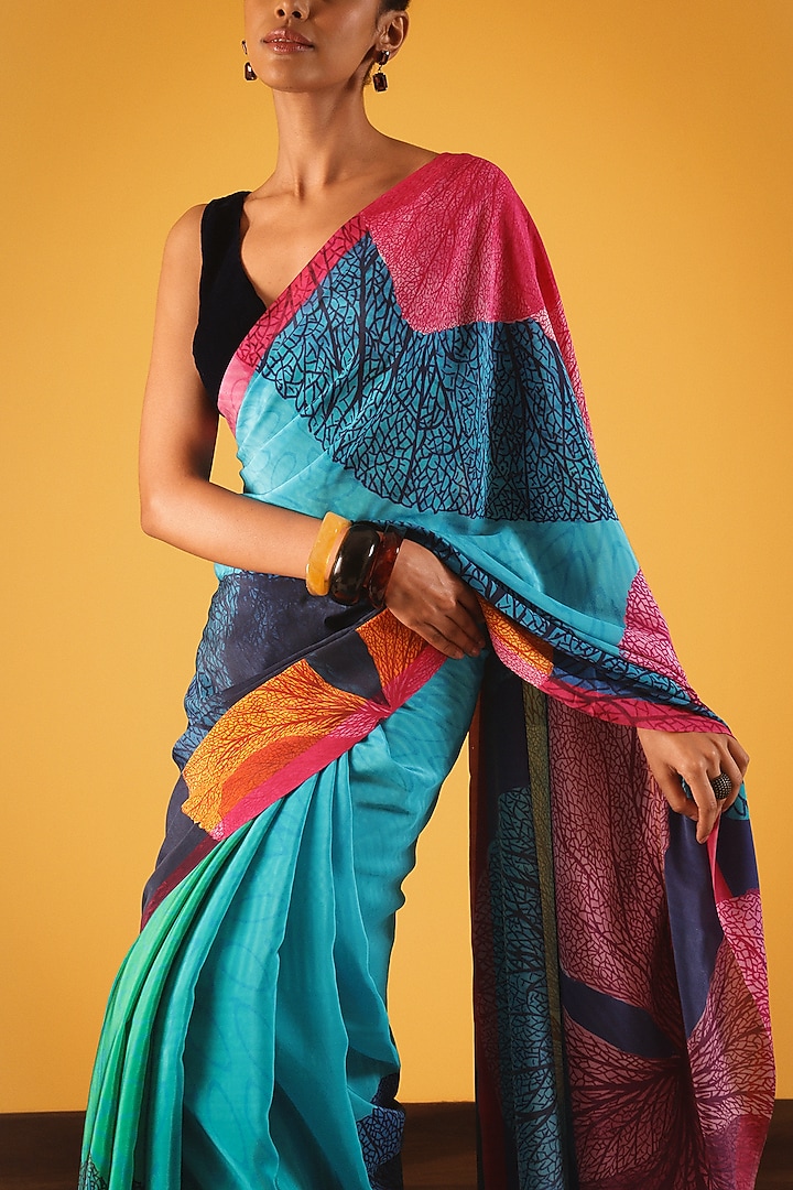 Light Blue Silk Crepe Floral Party Wear Saree by Satya Paul at Pernia's Pop Up Shop