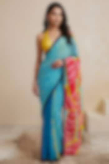 Blue Silk Georgette Color-Blocked Party Wear Saree Set by Satya Paul at Pernia's Pop Up Shop