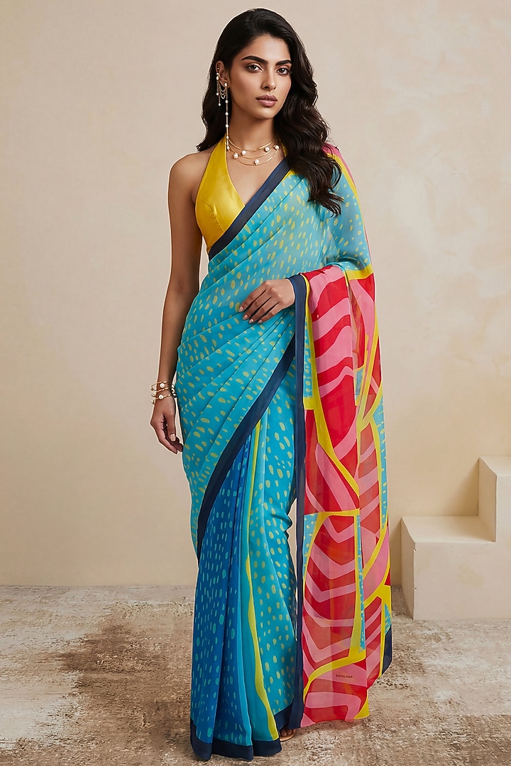Blue Silk Georgette Color-Blocked Party Wear Saree Set by Satya Paul at Pernia's Pop Up Shop