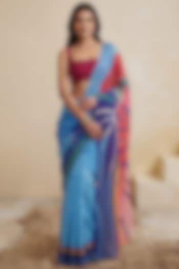 Blue Silk Georgette Foliage Work Party Wear Saree Set by Satya Paul at Pernia's Pop Up Shop