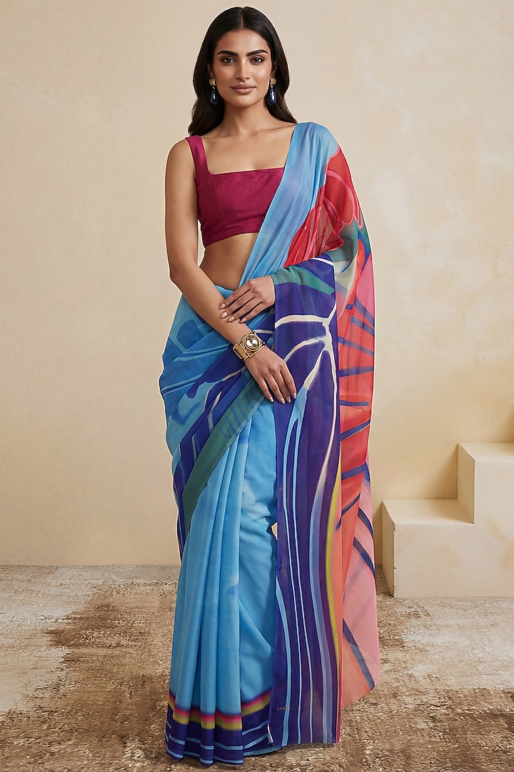 Blue Silk Georgette Foliage Work Party Wear Saree Set by Satya Paul at Pernia's Pop Up Shop