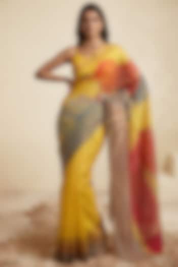 Yellow Linen Foliage Work Party Wear Saree Set by Satya Paul at Pernia's Pop Up Shop