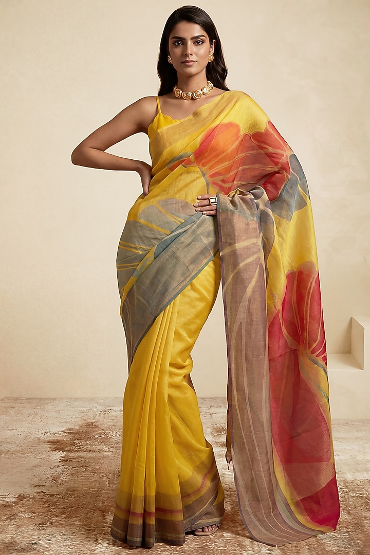 Yellow Linen Foliage Work Party Wear Saree Set by Satya Paul at Pernia's Pop Up Shop