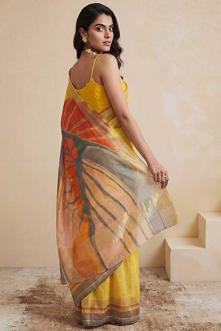 Yellow Linen Foliage Work Party Wear Saree Set by Satya Paul at Pernia's Pop Up Shop