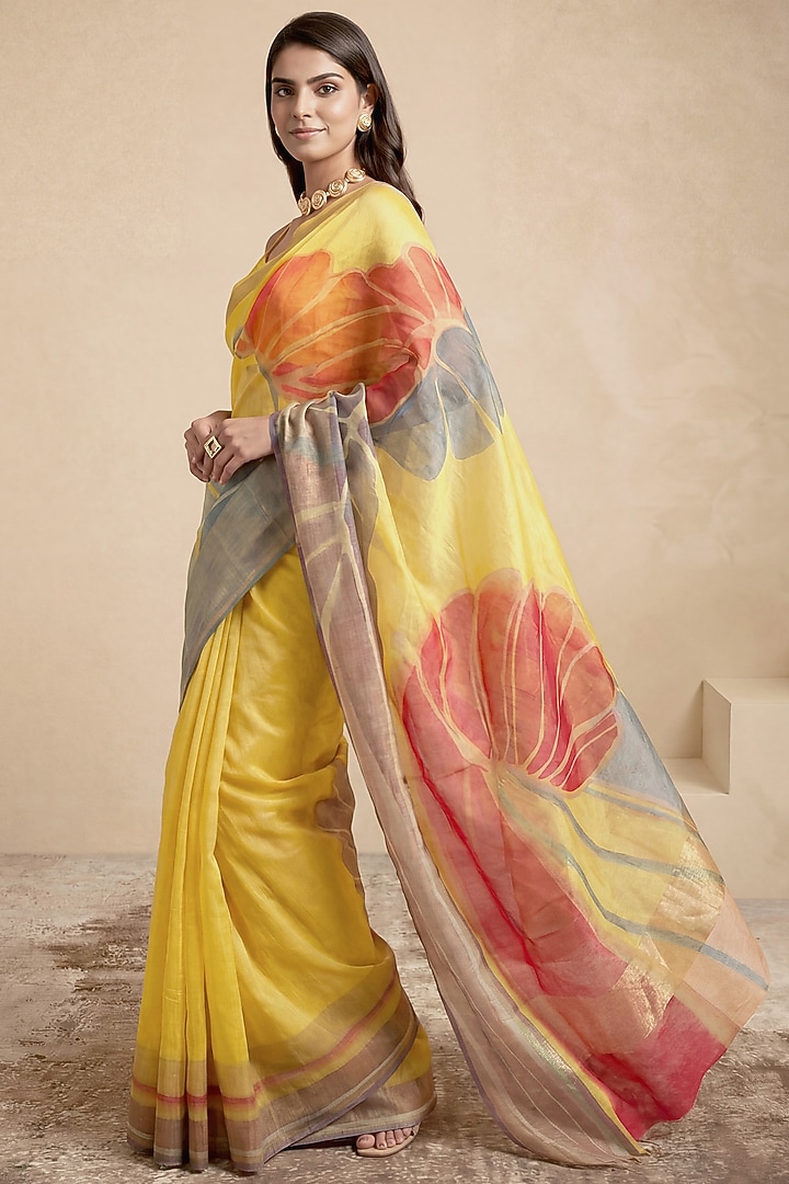 Yellow Linen Foliage Work Party Wear Saree Set by Satya Paul at Pernia's Pop Up Shop