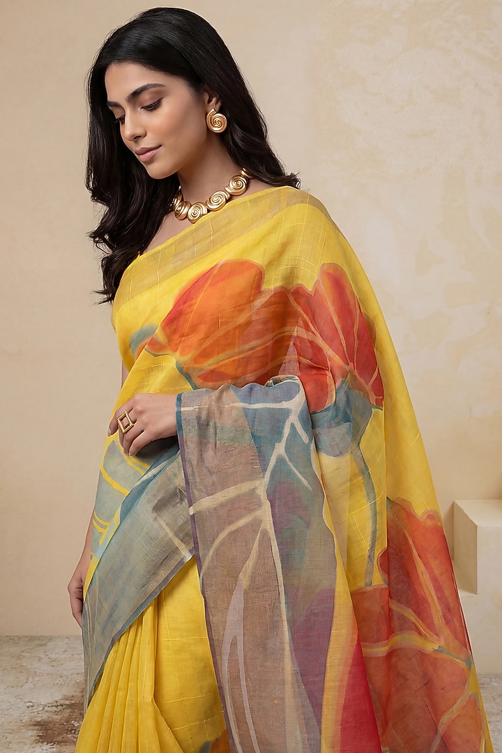 Yellow Linen Foliage Work Party Wear Saree Set by Satya Paul at Pernia's Pop Up Shop