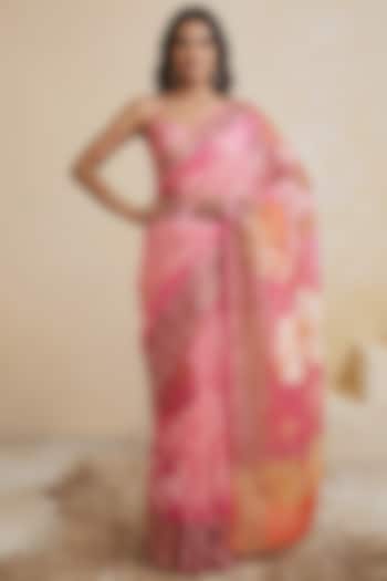 Soft Pink Linen Motifs Printed Party Wear Saree Set by Satya Paul at Pernia's Pop Up Shop