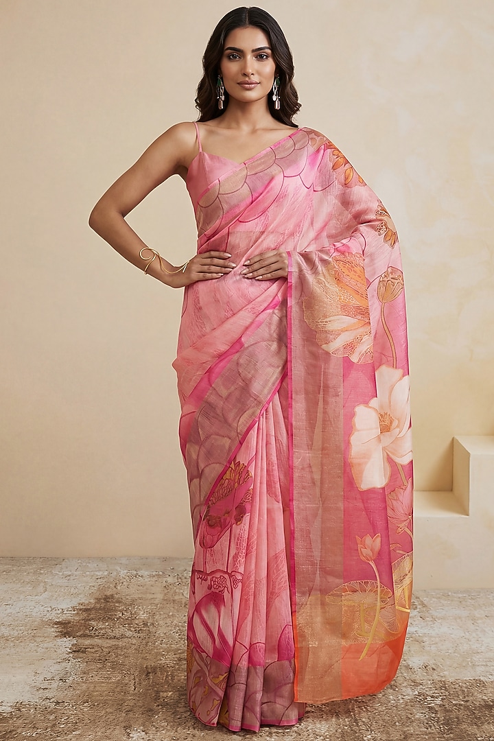 Soft Pink Linen Motifs Printed Party Wear Saree Set by Satya Paul at Pernia's Pop Up Shop