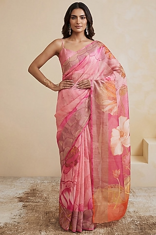 Soft Pink Linen Motifs Printed Saree Set by Satya Paul