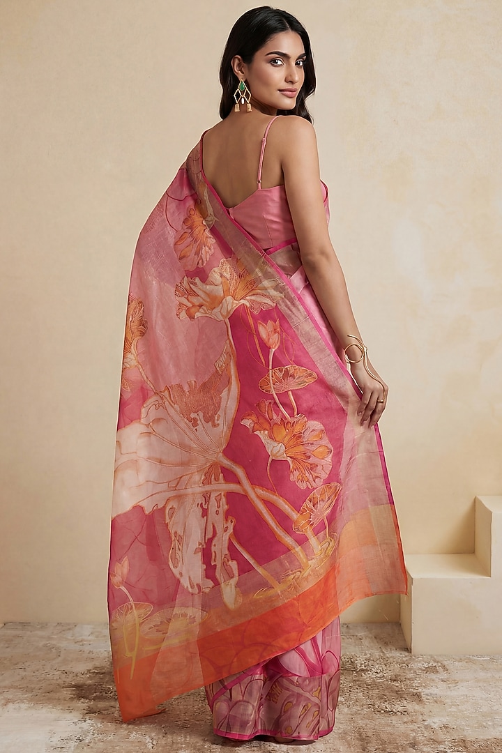 Soft Pink Linen Motifs Printed Party Wear Saree Set by Satya Paul at Pernia's Pop Up Shop