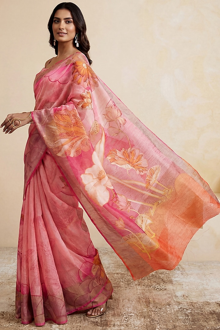 Soft Pink Linen Motifs Printed Party Wear Saree Set by Satya Paul at Pernia's Pop Up Shop