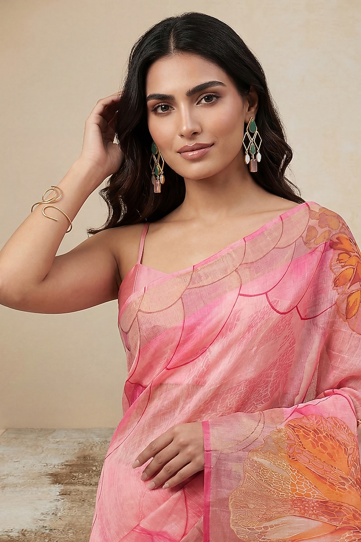 Soft Pink Linen Motifs Printed Party Wear Saree Set by Satya Paul at Pernia's Pop Up Shop