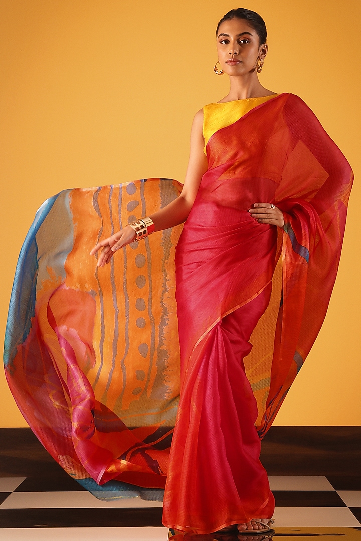 Red Kota Silk Printed Party Wear Saree by Satya Paul at Pernia's Pop Up Shop