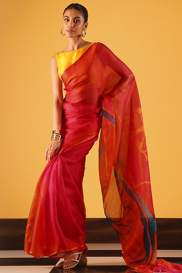 Red Kota Silk Printed Party Wear Saree by Satya Paul at Pernia's Pop Up Shop