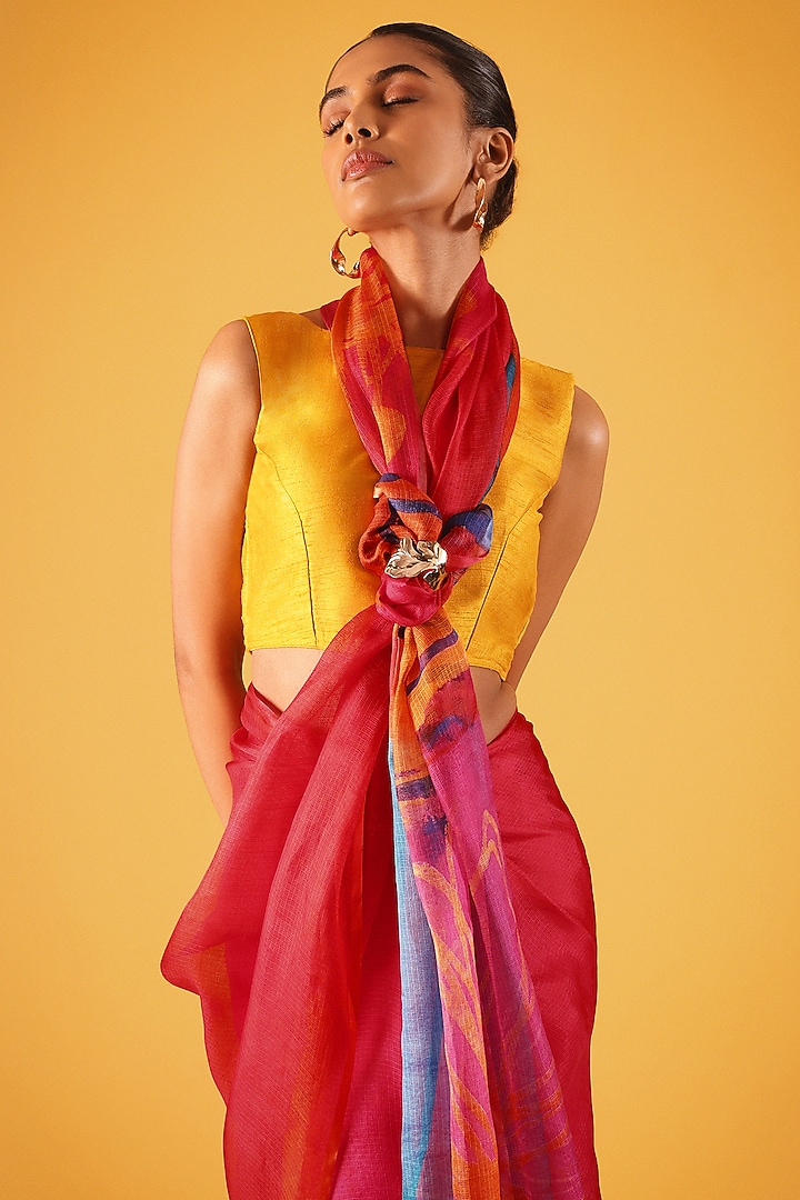 Red Kota Silk Printed Party Wear Saree by Satya Paul at Pernia's Pop Up Shop