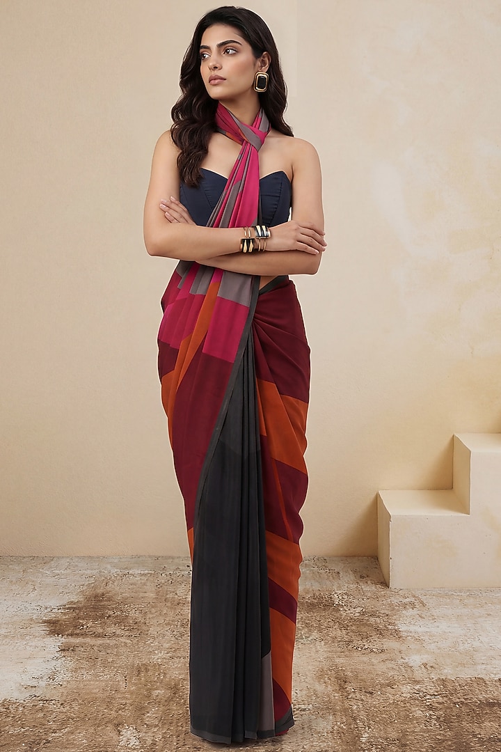 Black & Red Silk Crepe Party Wear Saree by Satya Paul at Pernia's Pop Up Shop