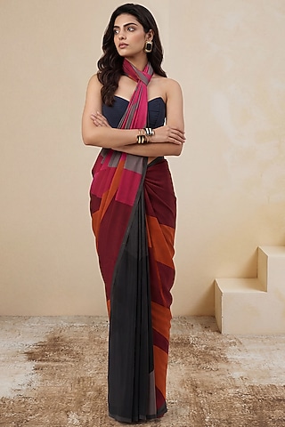 Black & Red Silk Crepe Saree by Satya Paul