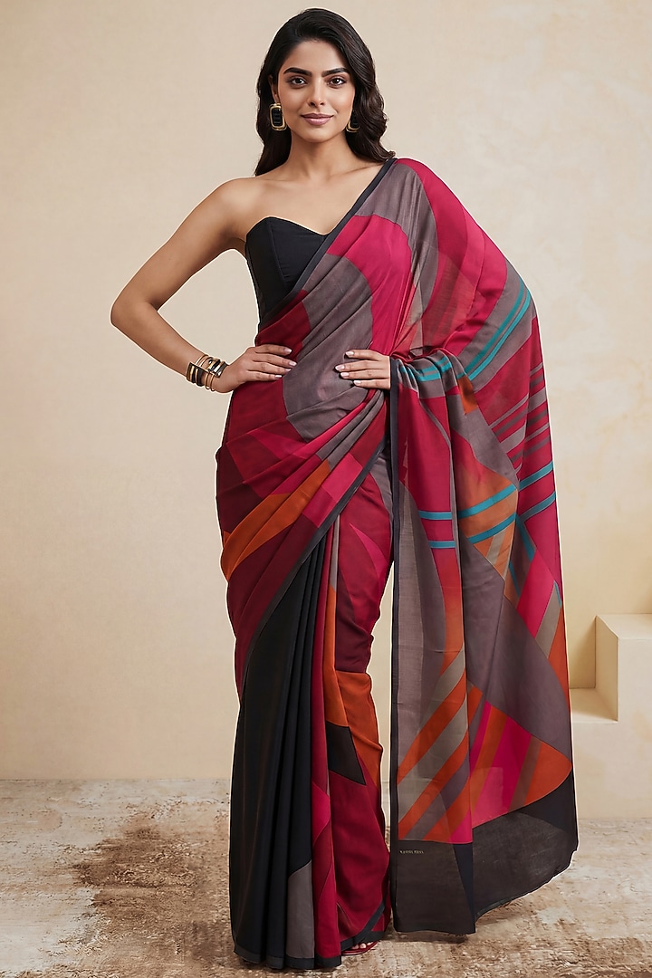 Black & Red Silk Crepe Party Wear Saree by Satya Paul at Pernia's Pop Up Shop
