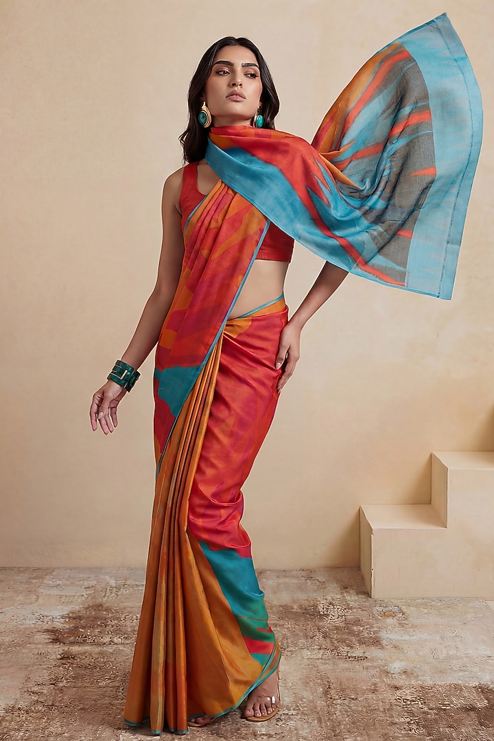Multi-Colored Georgette Satin Party Wear Saree by Satya Paul at Pernia's Pop Up Shop