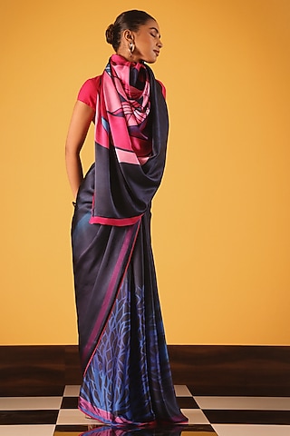 Dark Blue Georgette Satin Saree by Satya Paul