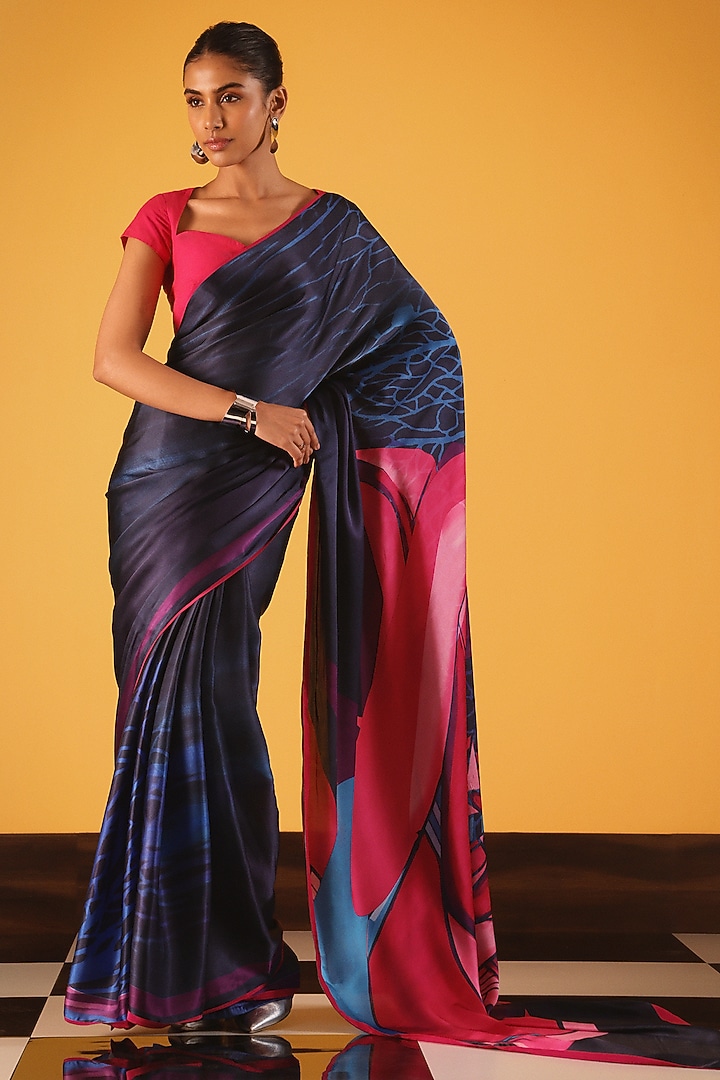 Dark Blue Georgette Satin Party Wear Saree by Satya Paul at Pernia's Pop Up Shop