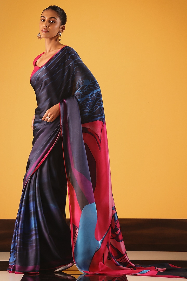 Dark Blue Georgette Satin Party Wear Saree by Satya Paul at Pernia's Pop Up Shop