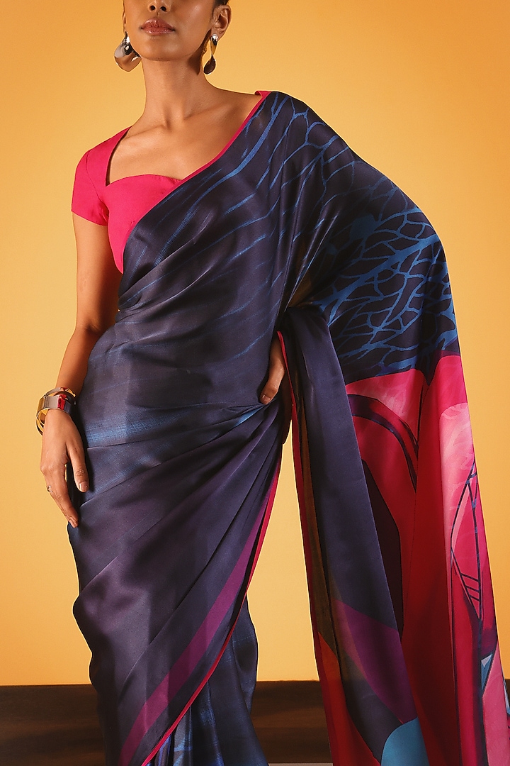 Dark Blue Georgette Satin Party Wear Saree by Satya Paul at Pernia's Pop Up Shop