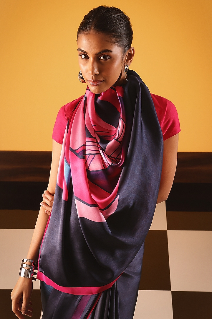Dark Blue Georgette Satin Party Wear Saree by Satya Paul at Pernia's Pop Up Shop