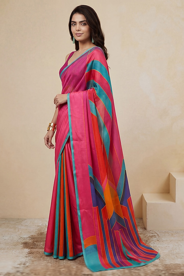Fuchsia Pink Silk Georgette Satin Printed Party Wear Saree by Satya Paul at Pernia's Pop Up Shop