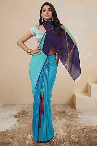 Light Blue Silk Crepe Saree by Satya Paul