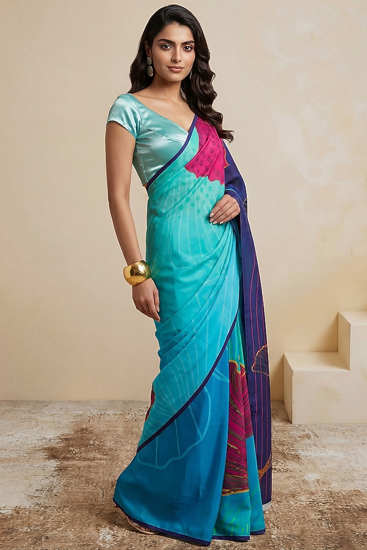 Light Blue Silk Crepe Party Wear Saree by Satya Paul at Pernia's Pop Up Shop
