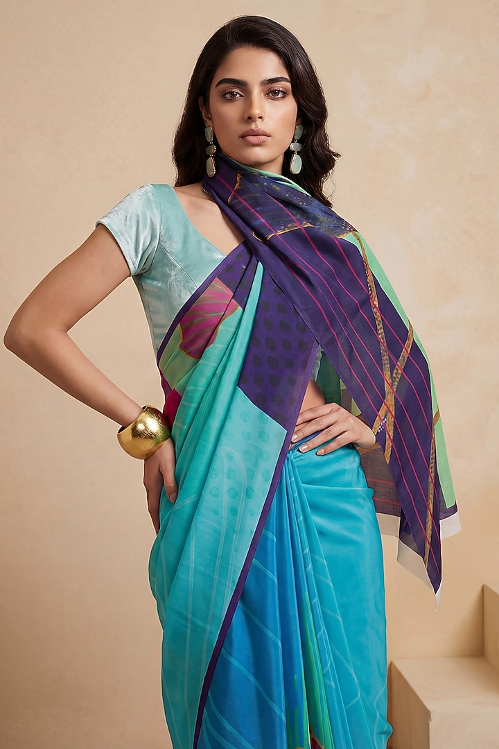 Light Blue Silk Crepe Party Wear Saree by Satya Paul at Pernia's Pop Up Shop