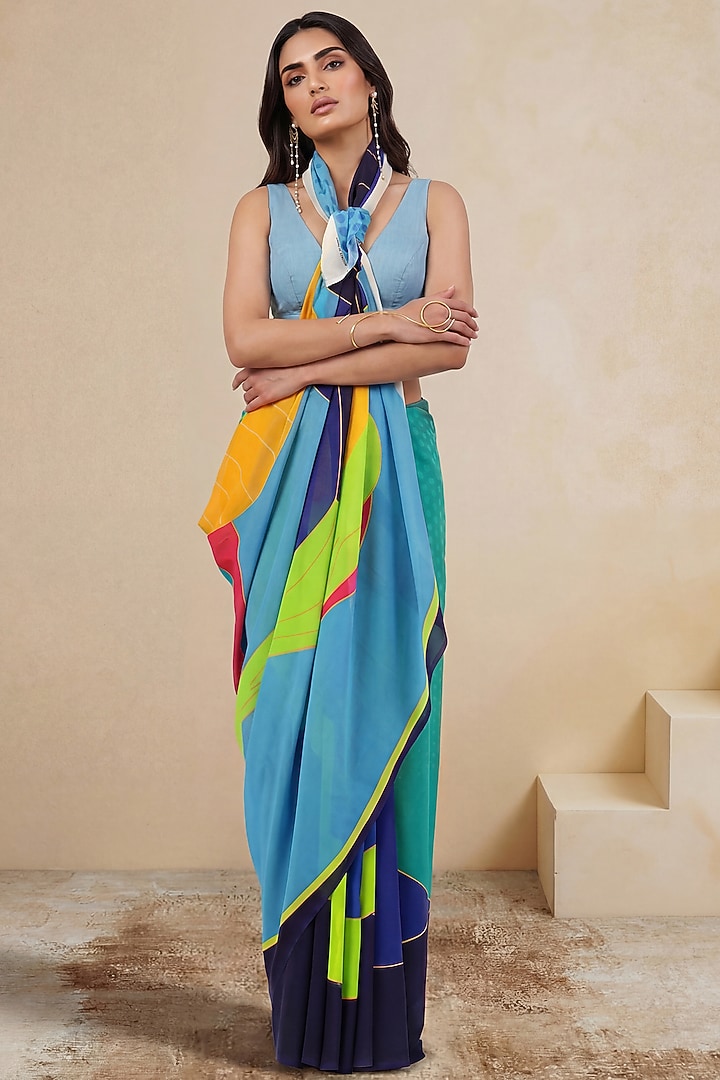 Aqua Green Silk Georgette Printed Party Wear Saree by Satya Paul at Pernia's Pop Up Shop