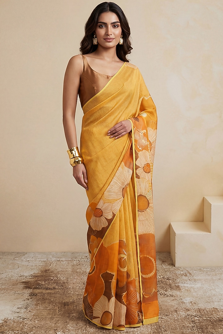 Rust Brown Viscose Georgette Satin Floral Wedding Saree by Satya Paul at Pernia's Pop Up Shop