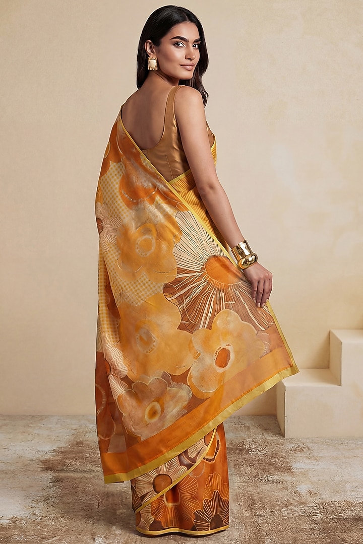 Rust Brown Viscose Georgette Satin Floral Wedding Saree by Satya Paul at Pernia's Pop Up Shop