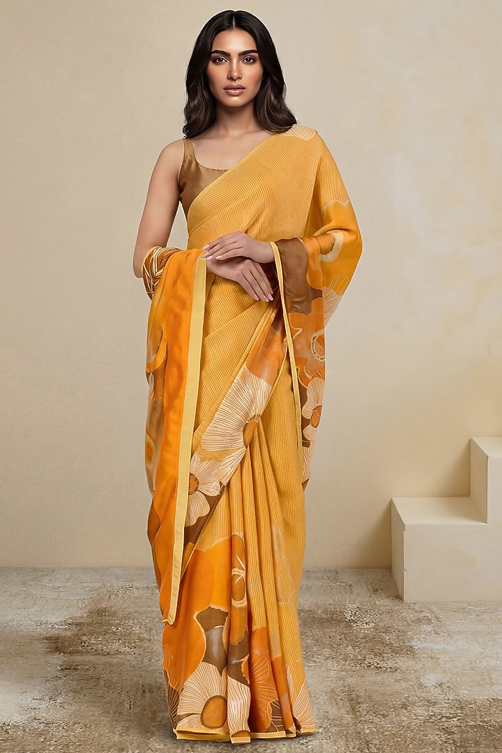 Rust Brown Viscose Georgette Satin Floral Wedding Saree by Satya Paul at Pernia's Pop Up Shop