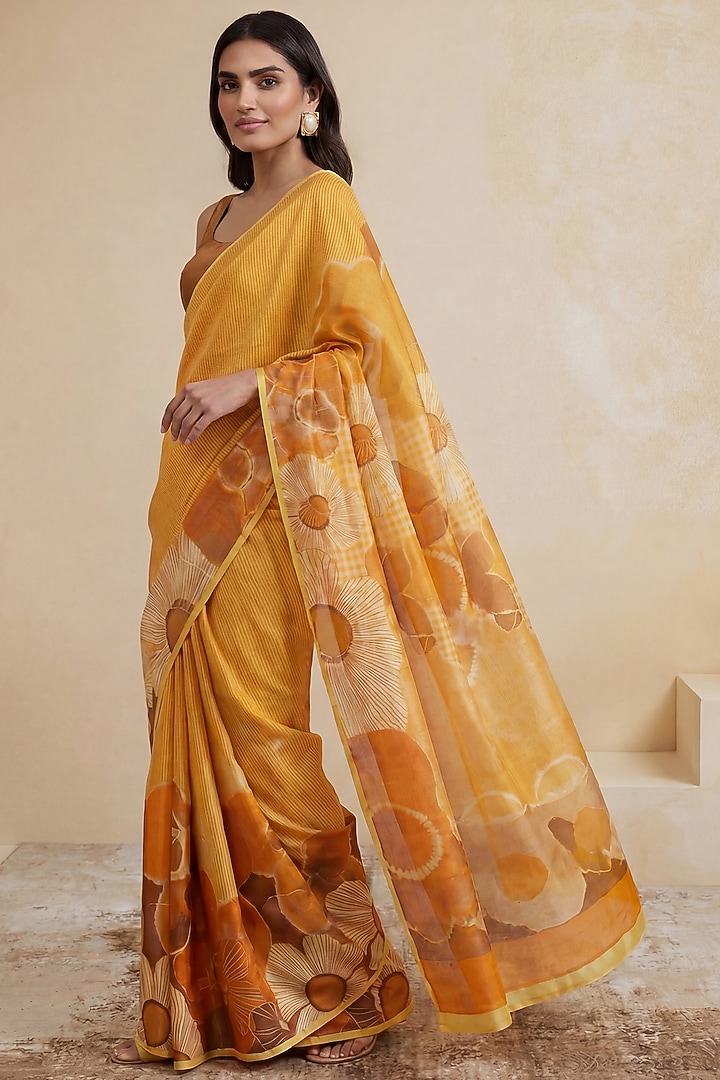 Rust Brown Viscose Georgette Satin Floral Wedding Saree by Satya Paul at Pernia's Pop Up Shop