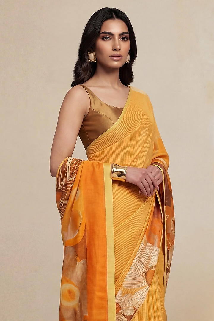 Rust Brown Viscose Georgette Satin Floral Wedding Saree by Satya Paul at Pernia's Pop Up Shop